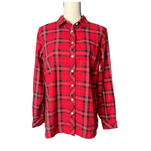 Talbots Button Up Shirt in Red and Black Plaid with Gold Thread Size Large - Picture 1 of 5
